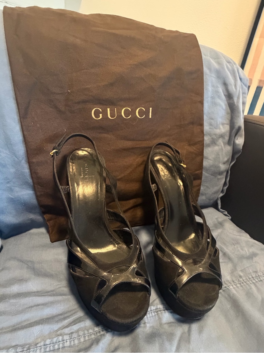 Gucci Black Leather Platform Slingback Heels